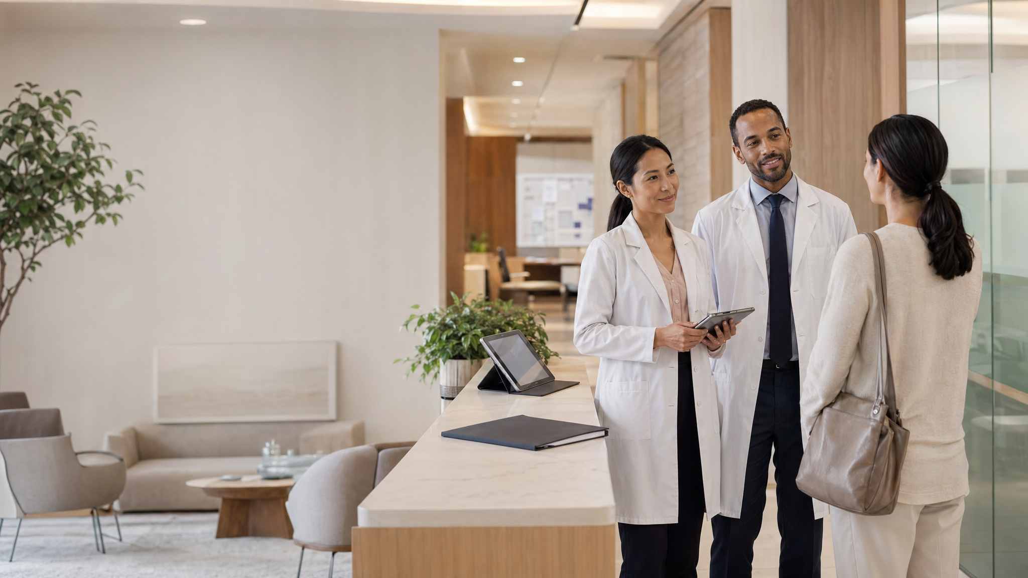 Professional healthcare operations team in an upscale clinic environment